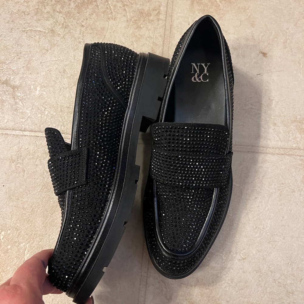 Super sparkly NY&C slip on black rhinestone loafers size 9.
